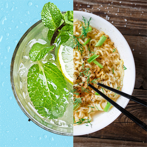 A split image: the left side shows a glass of lemonade with mint leaves and lemon slices on a blue surface; the right side shows a bowl of ramen noodles with chopsticks and herbs on a wooden table.